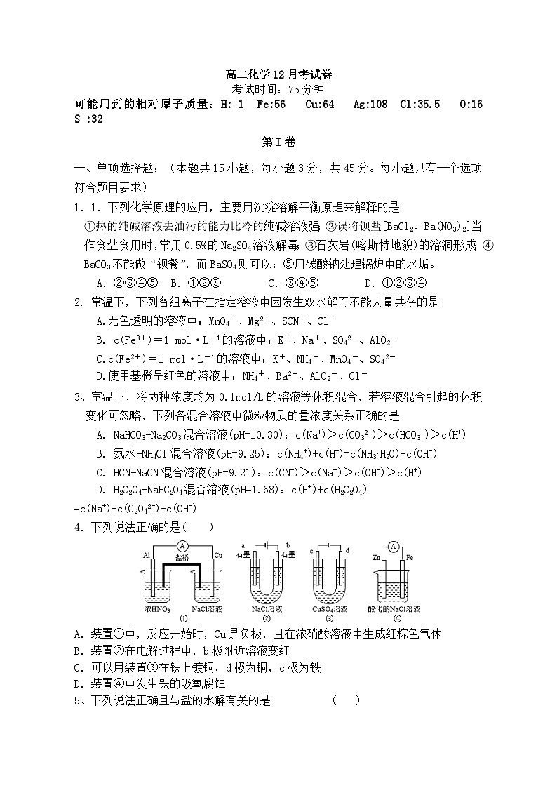 湖北省武汉市武钢三中2023-2024学年高二上学期12月月考化学试卷(Word版附答案)01