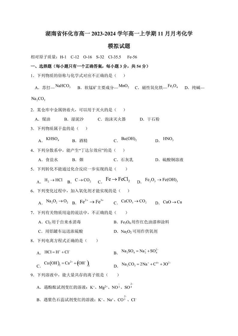 湖南省怀化市高一2023-2024学年高一上册11月月考化学模拟试题(附答案)第1页