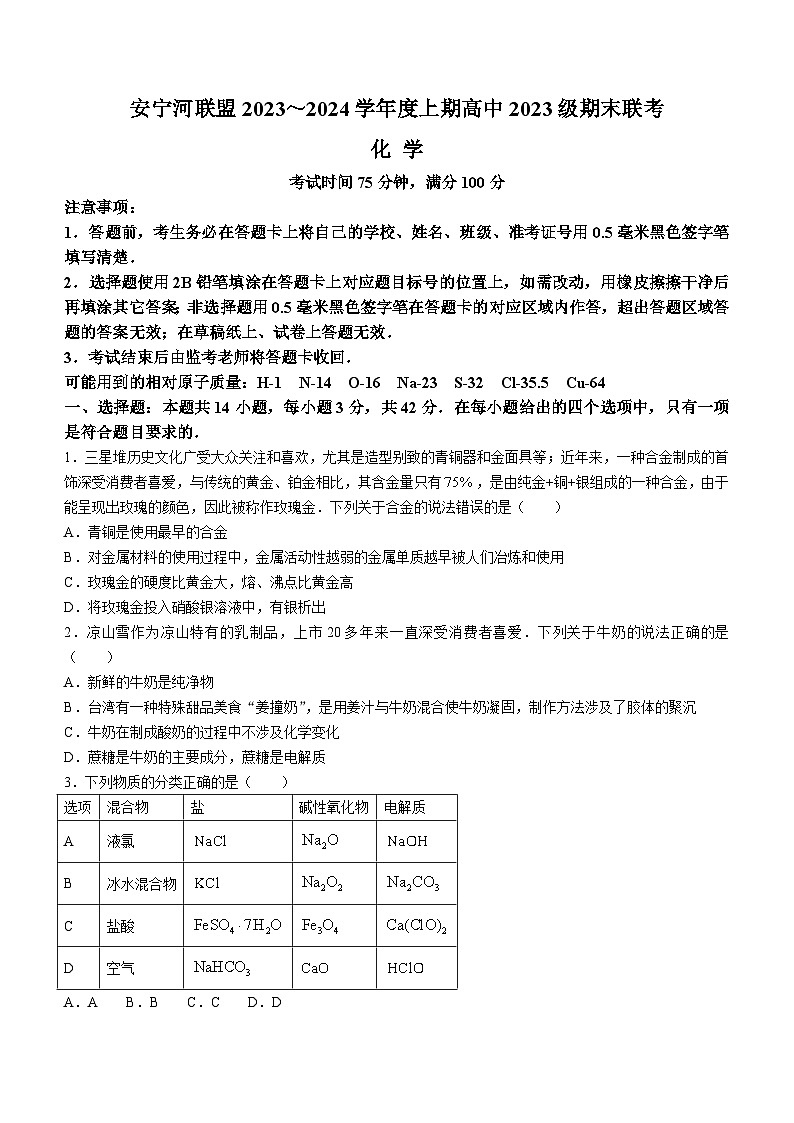 2024凉山彝族自治州安宁河联盟高一上学期期末联考试题化学含答案01