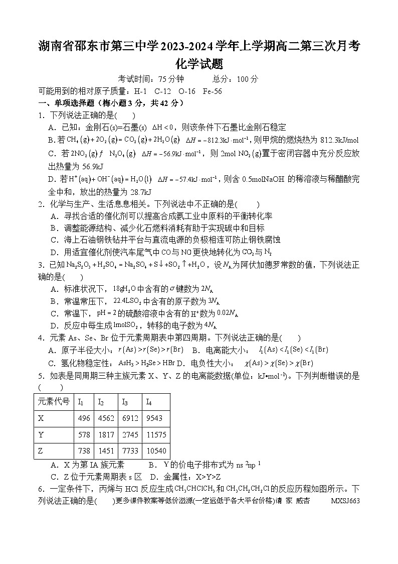湖南省邵东市第三中学2023-2024学年高二上学期第三次月考化学试题01
