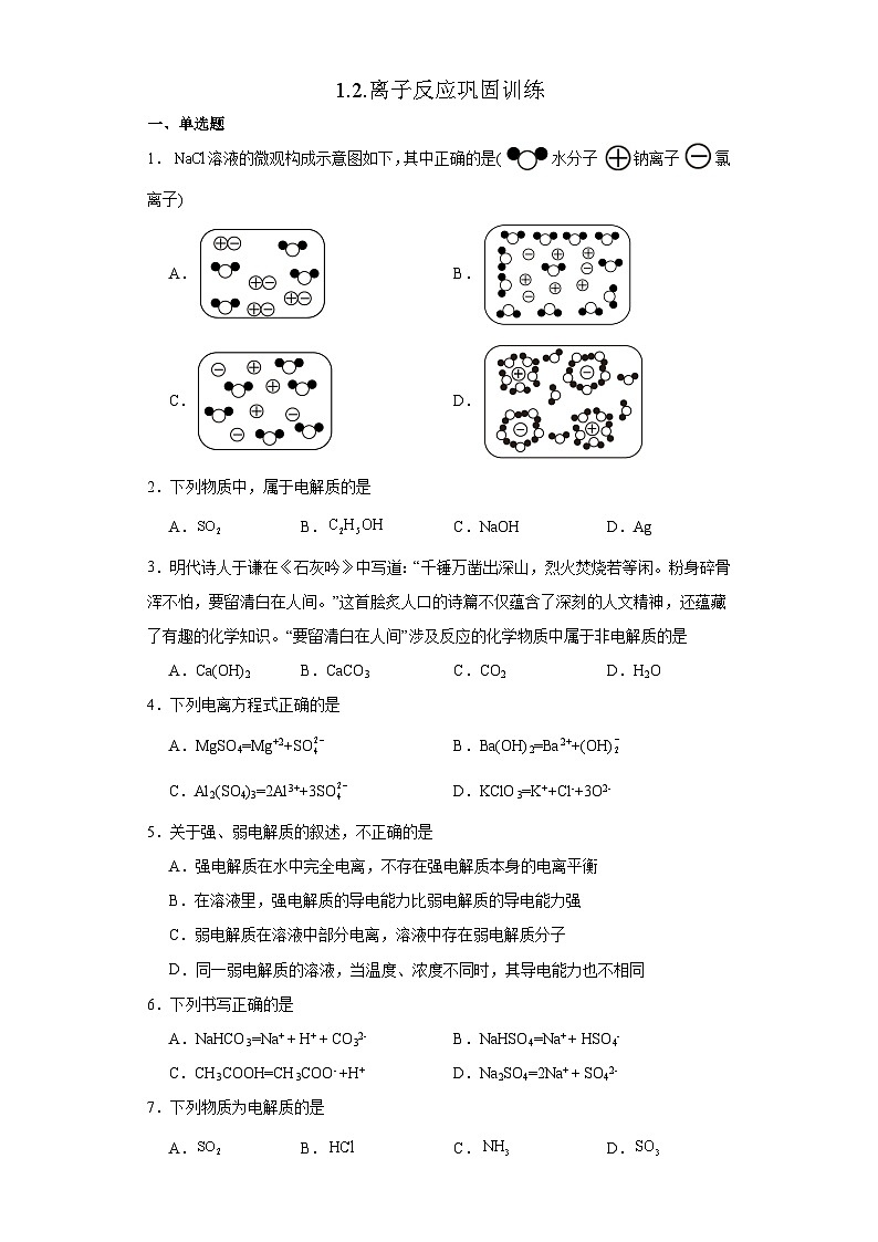 1.2.离子反应 巩固训练 高中化学人教版(2019)必修第一册第1页