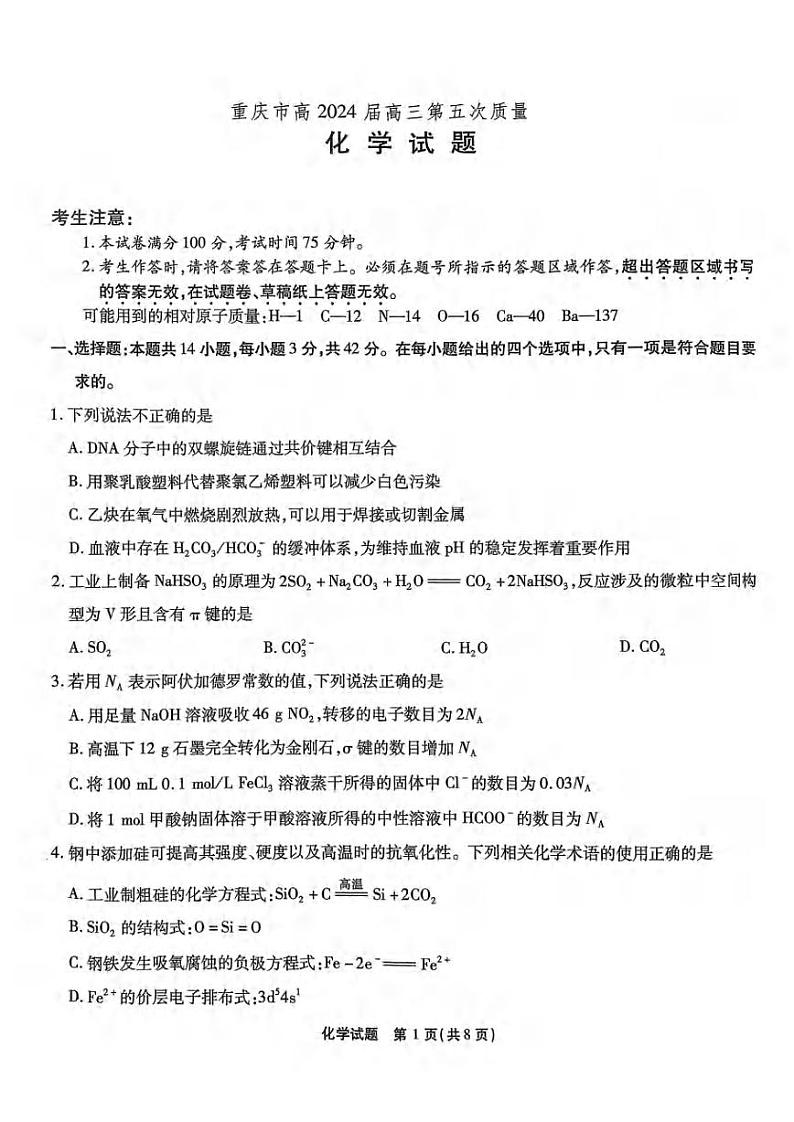 2024届重庆市高三上学期1月第五次质量检测化学试题第1页