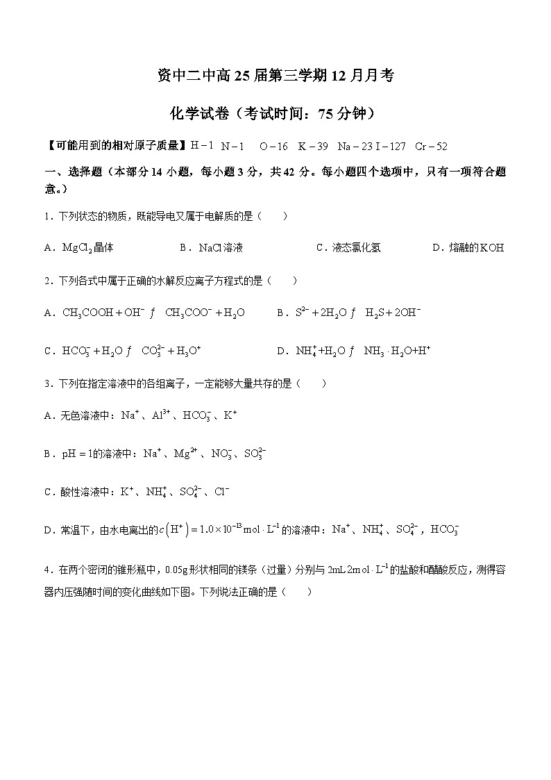 四川省内江市资中县资中二中2023-2024学年高二上学期12月月考化学试题01