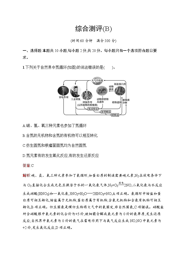 苏教版高中化学必修第二册综合测评(B)含答案第1页
