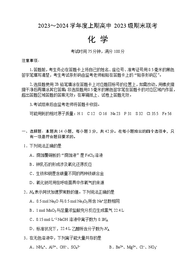 四川省成都市蓉城名校联盟2023-2024学年高一上学期期末联考化学试题含答案01