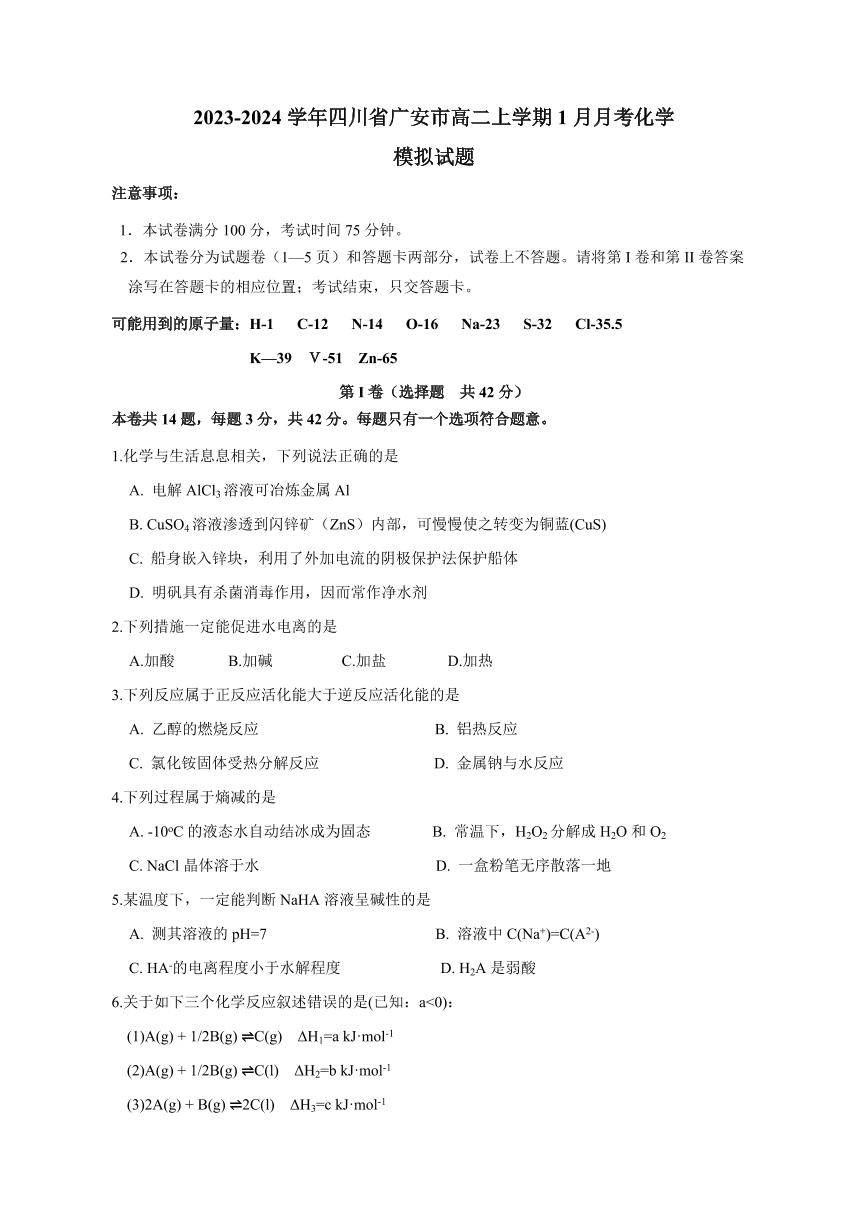 2023-2024学年四川省广安市高二上学期1月月考化学模拟试题（含答案）