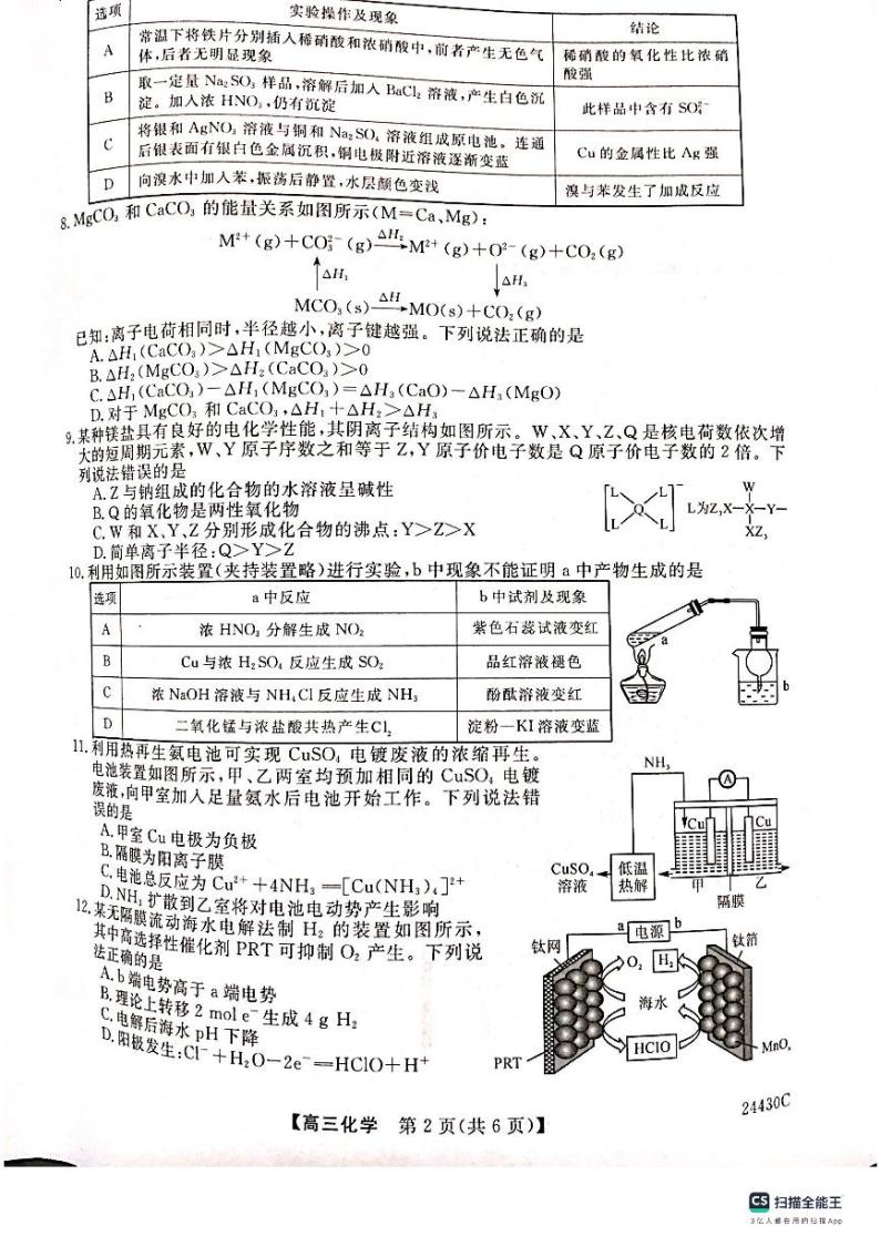 2024届陕西省铜川市高三上学期第一次模拟考试化学试题02