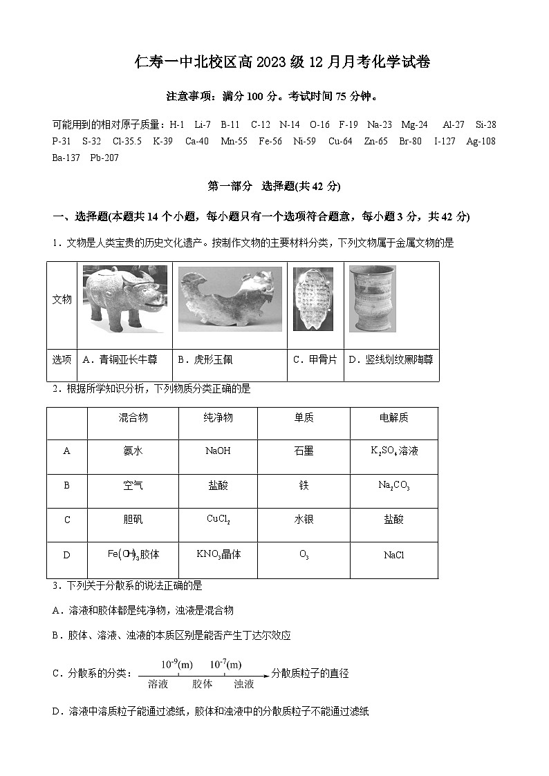 四川省眉山市仁寿第一中学校(北校)2023-2024学年高一上学期12月月考化学试题含答案第1页