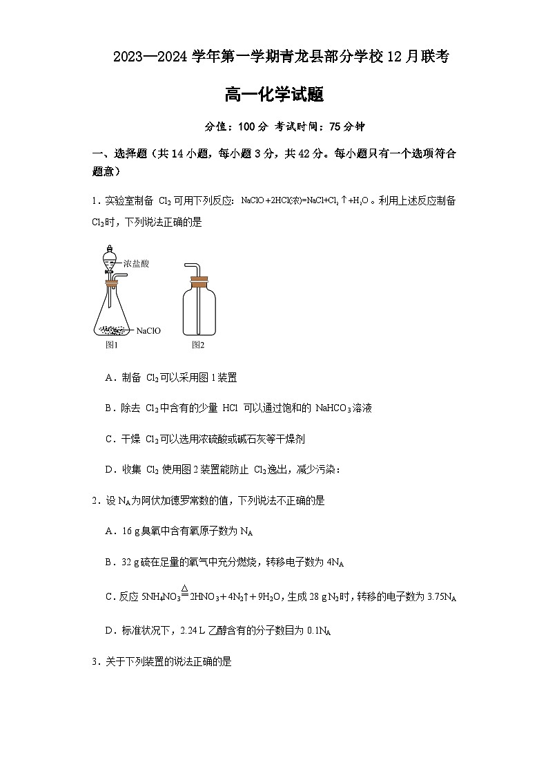 河北省秦皇岛市青龙满族自治县实验中学等2校联考2023-2024学年高一上学期12月月考化学试题含答案第1页