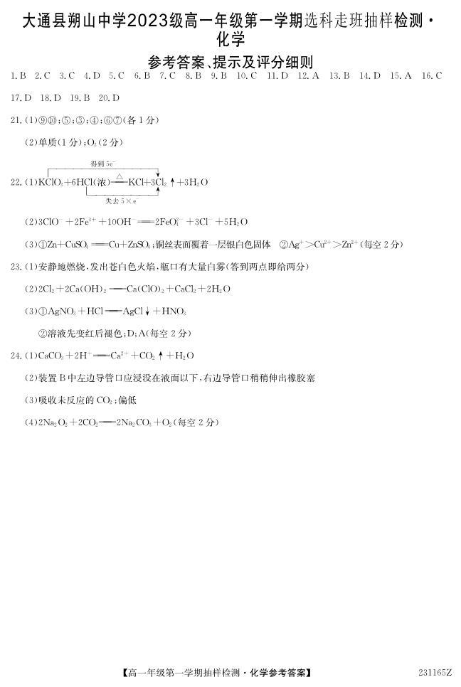 青海大通朔山中学2023级高一第一学期选科走班抽样检测化学试题Word版含答案01