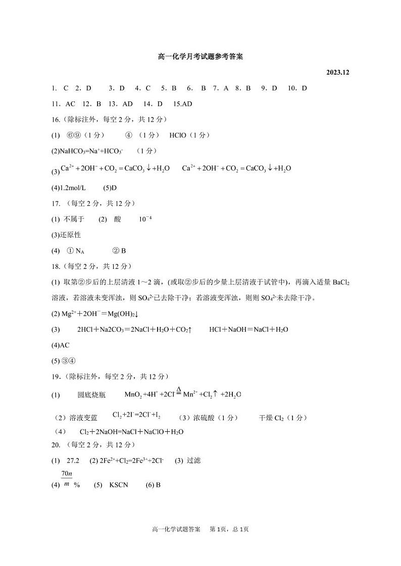 山东省德州市第一中学2023-2024学年高一上学期12月阶段性测试化学试题Word版含答案01