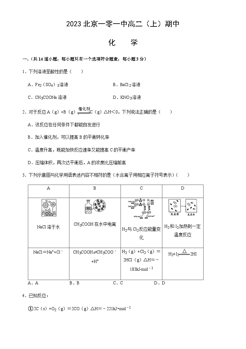 北京市一零一中2023-2024学年高二上学期期中化学试题含答案01