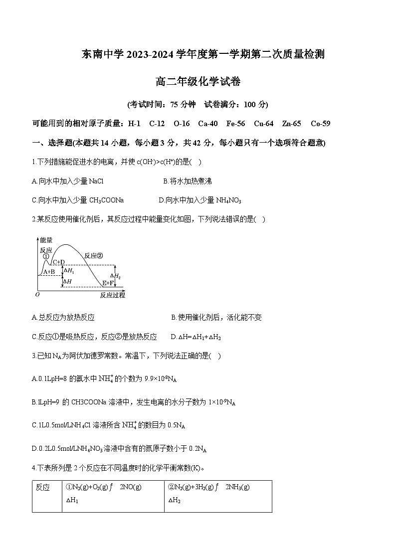 江苏省启东市东南中学2023-2024学年高二上学期第二次质量检测化学试卷含答案第1页