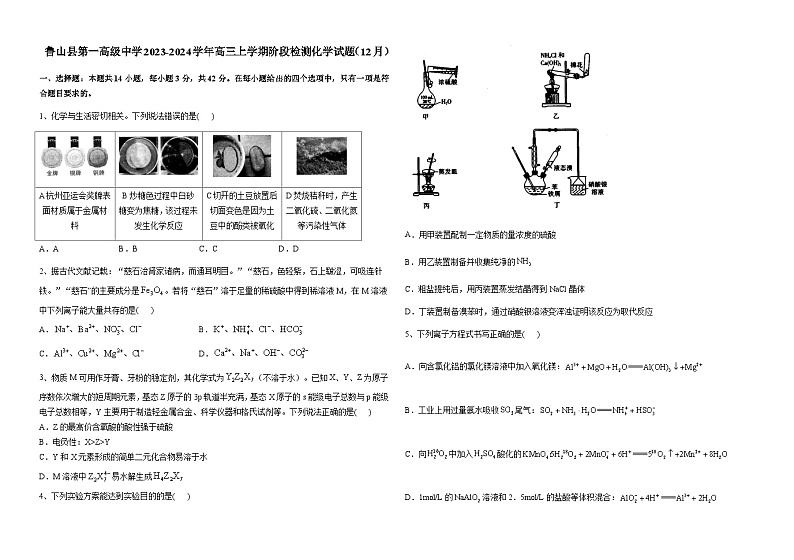 河南省鲁山县第一高级中学2023-2024学年高三上学期阶段检测化学试题(12月)含答案第1页