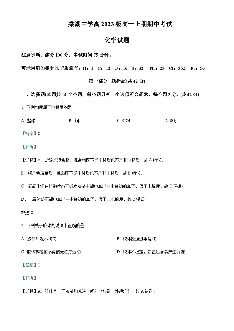 四川省成都市双流棠湖中学2023-2024学年高三上学期11月期中化学试题含答案01