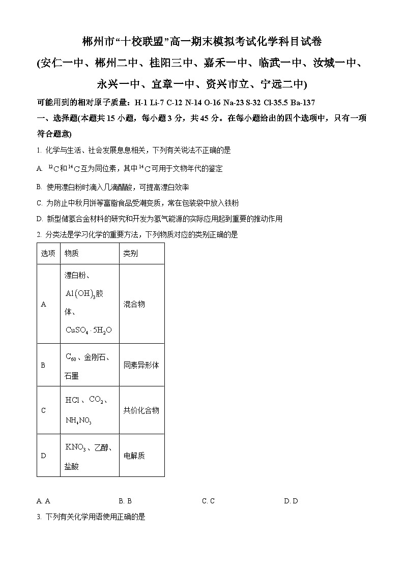2024郴州“十校联盟”高一上学期期末模拟考试化学试题含解析01