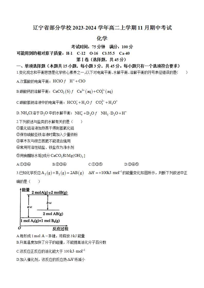 辽宁省部分学校2023-2024学年高二上学期11月期中考试化学试题含答案01