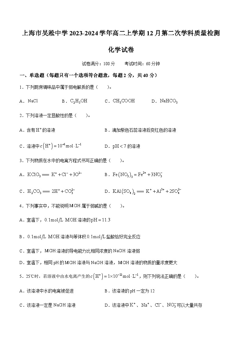 上海市吴淞中学2023-2024学年高二上学期12月第二次学科质量检测化学试卷含答案01