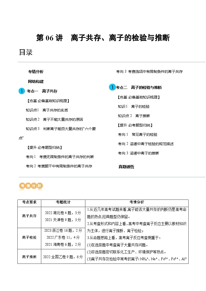 第06讲 离子共存、离子的检验与推断(讲义)-备战2024年高考化学一轮复习精品课件+讲义+练习(新教材新高考)01