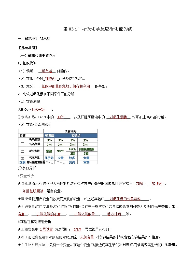 第03講 降低化學(xué)反應(yīng)活化能的酶（教師卷）-【寒假銜接講義】高一生物寒假講義練習(xí)第1頁(yè)