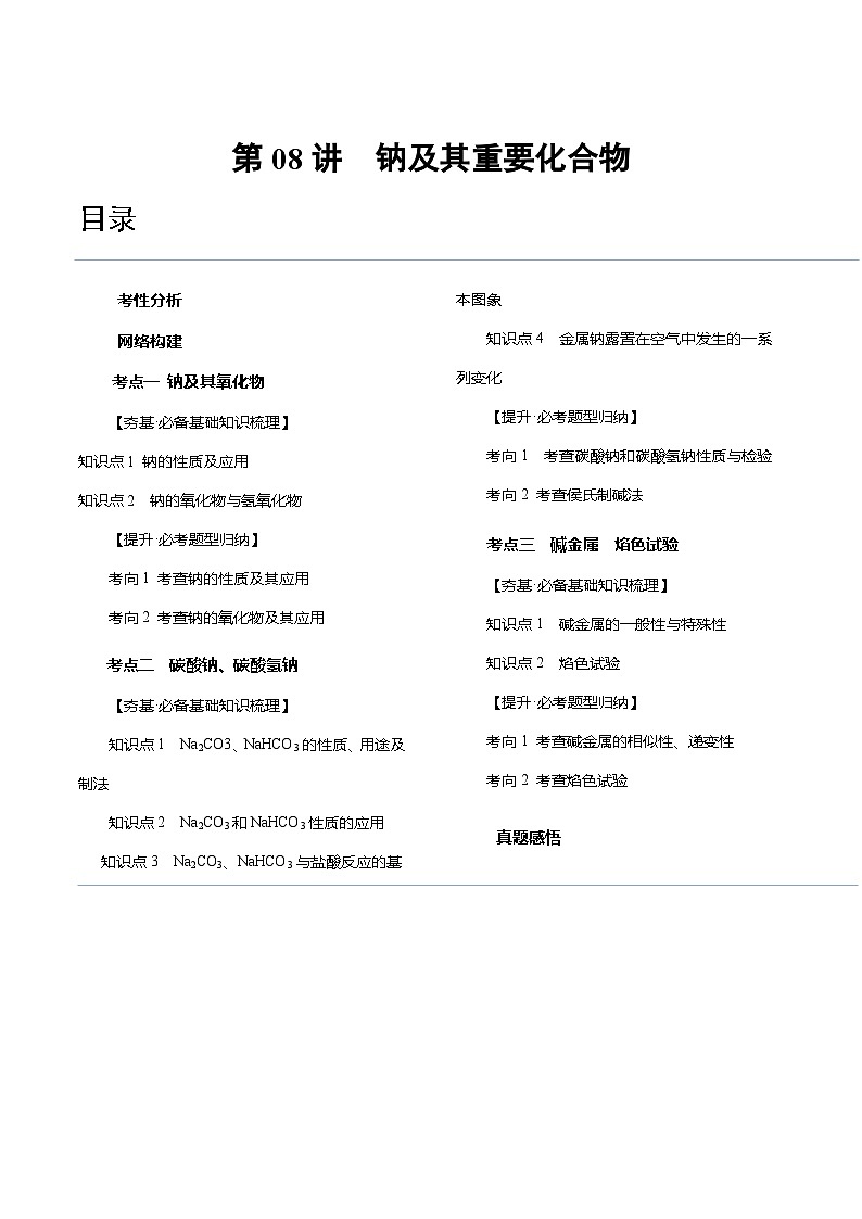 新高考化学复习讲义+练习 第08讲 钠及其重要化合物(讲义+练习)(原卷版)01