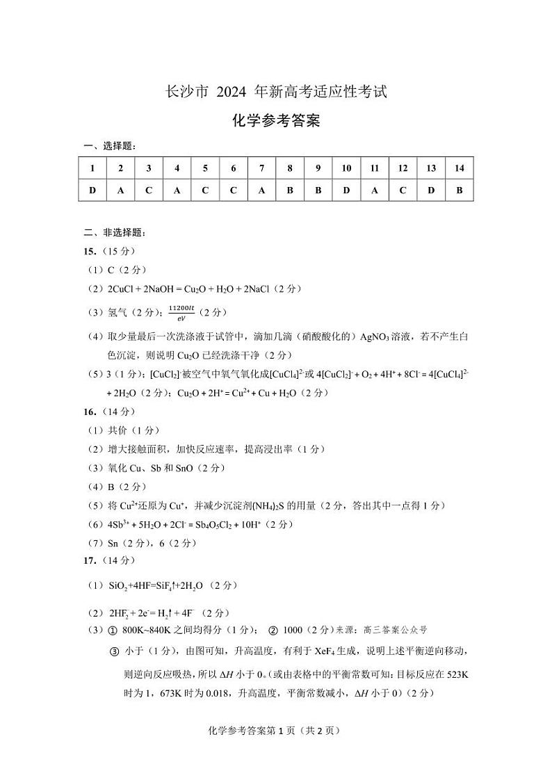 【化学参考答案】湖南省长沙市2023-2024学年新高考适应性考试高三第1页
