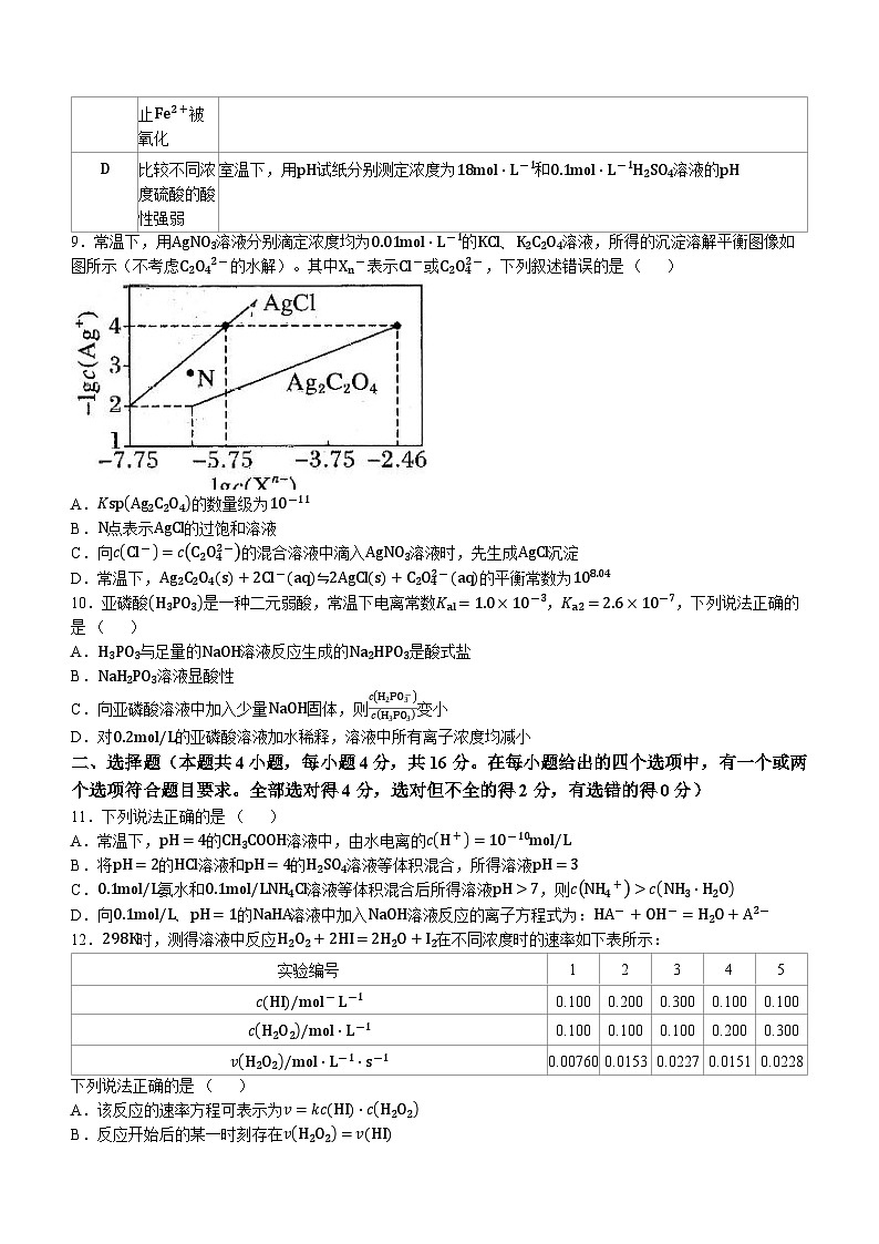 江西省抚州市2022-2023学年高二上学期学生学业质量监测化学试题(Word版附答案)03