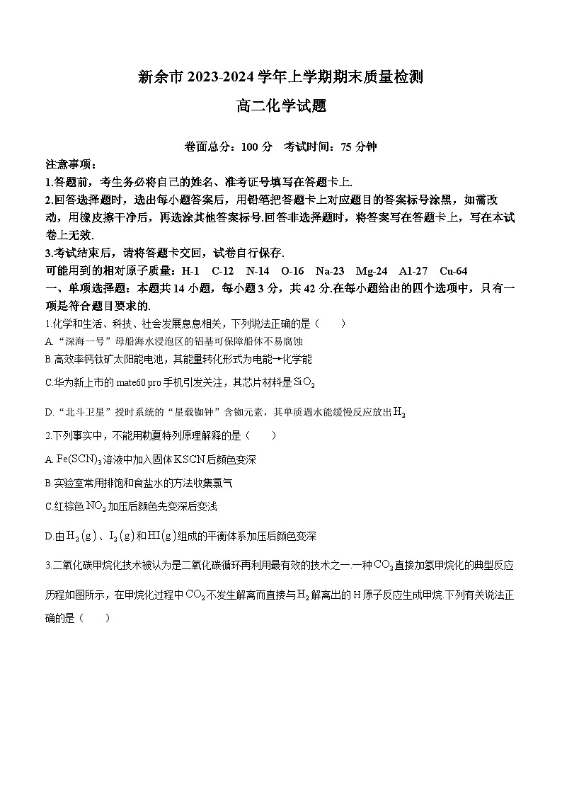江西省新余市2023-2024学年高二上学期期末质量检测化学试卷(Word版附答案)01