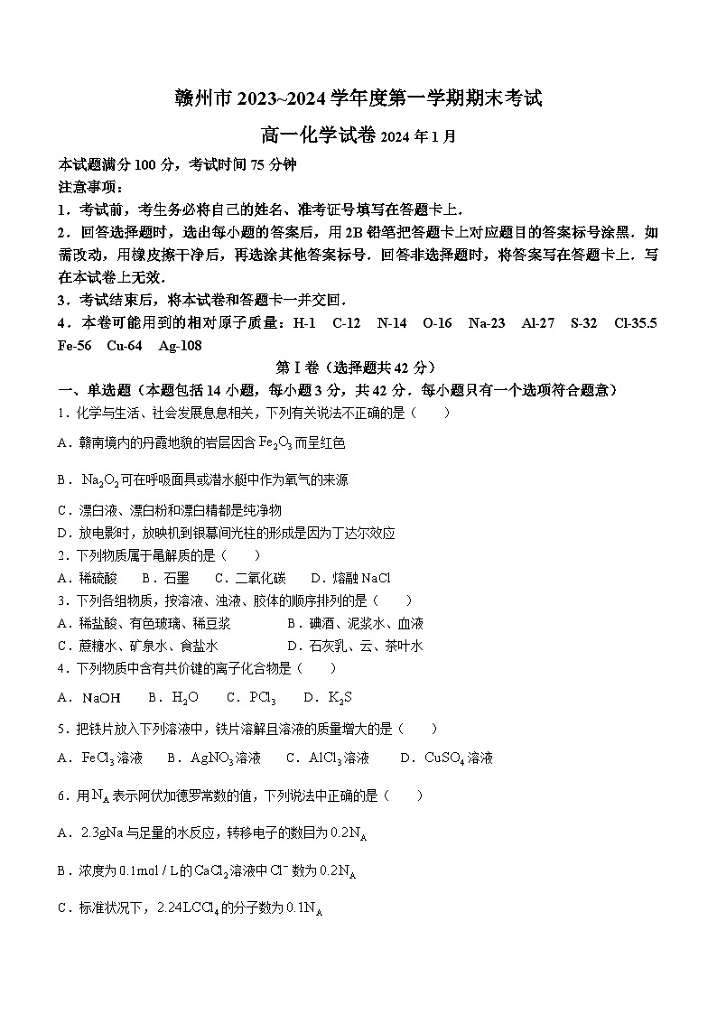 江西省赣州市2023-2024学年高一上学期期末考试化学试题(含答案)01