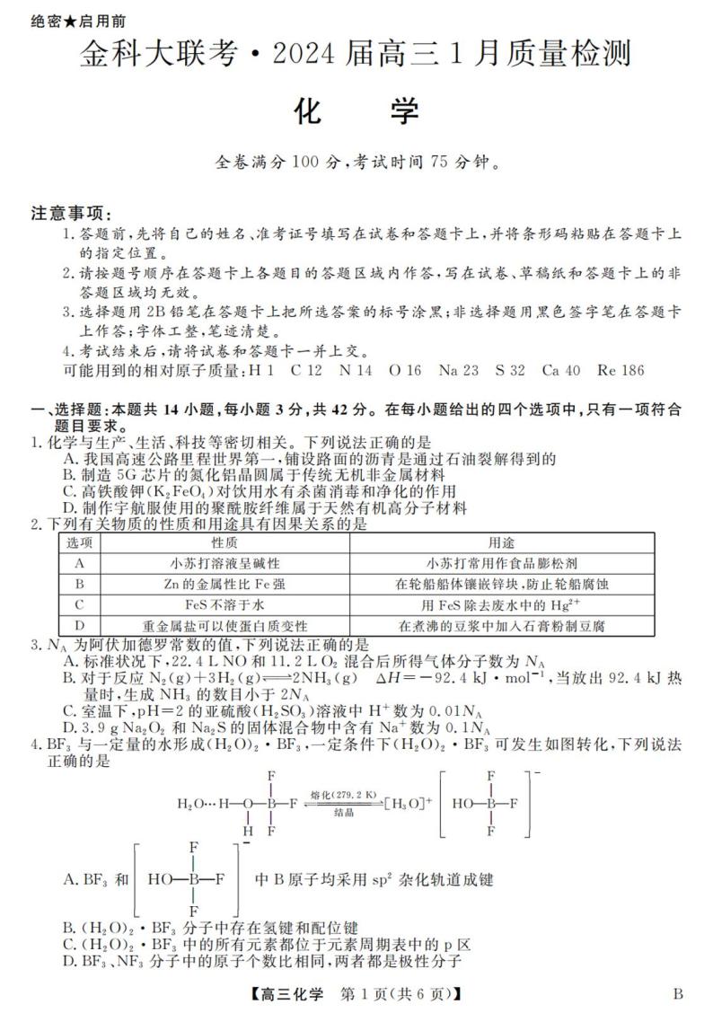 河北省金科大联考2023-2024学年高三上学期1月期末质量检测题化学试题01