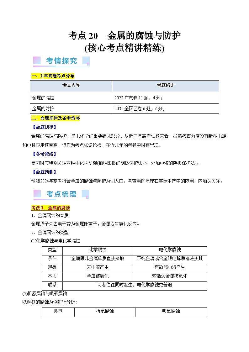 考点20 金属的腐蚀与防护(核心考点精讲精练)第1页