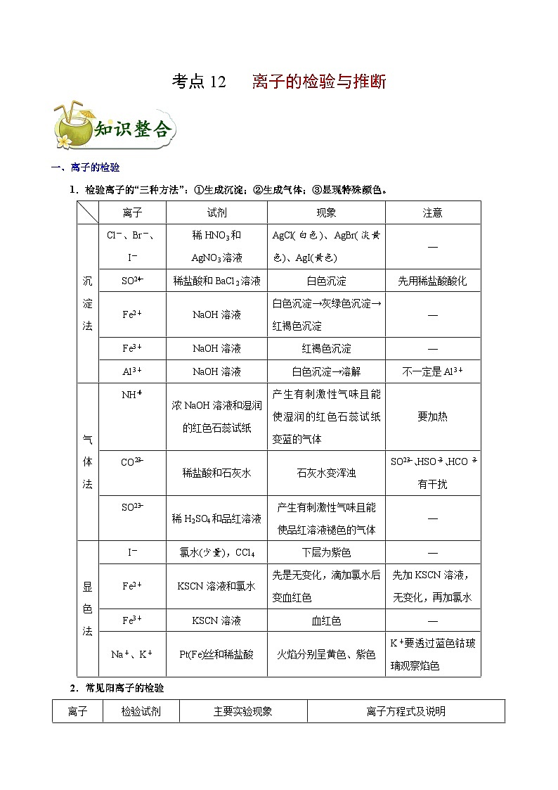 专题复习 高考化学 考点12 离子的检验与推断 讲义01