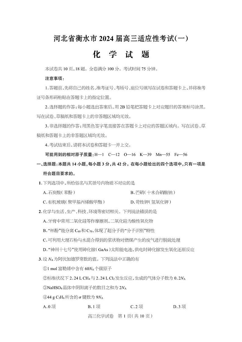 河北省衡水市2024届高三适应性考试(一) 化学试题第1页