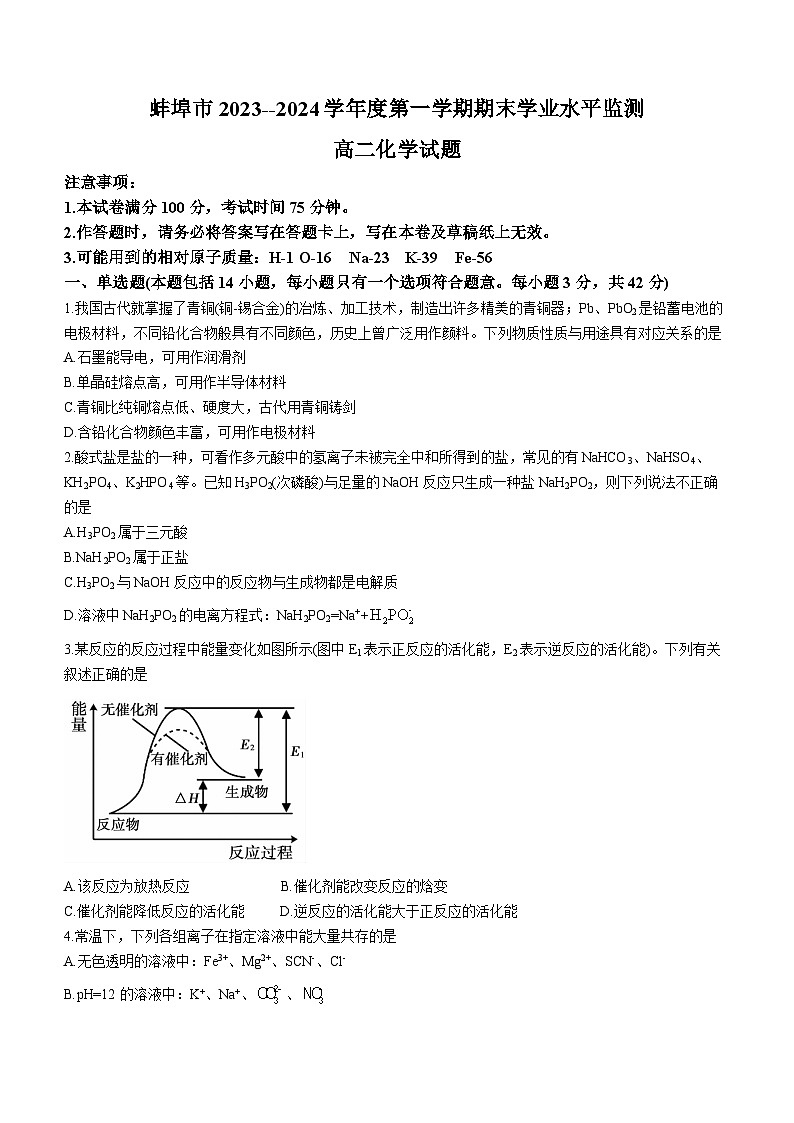 2024蚌埠高二上学期期末考试化学含答案第1页