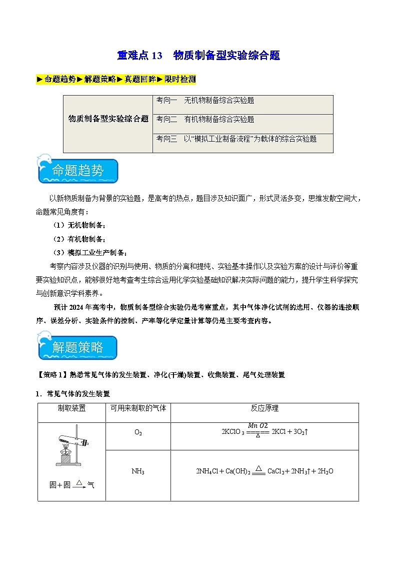 重难点13 物质制备型实验综合题-2024年高考化学【热点·重点·难点】专练(新高考专用)(原卷版)第1页