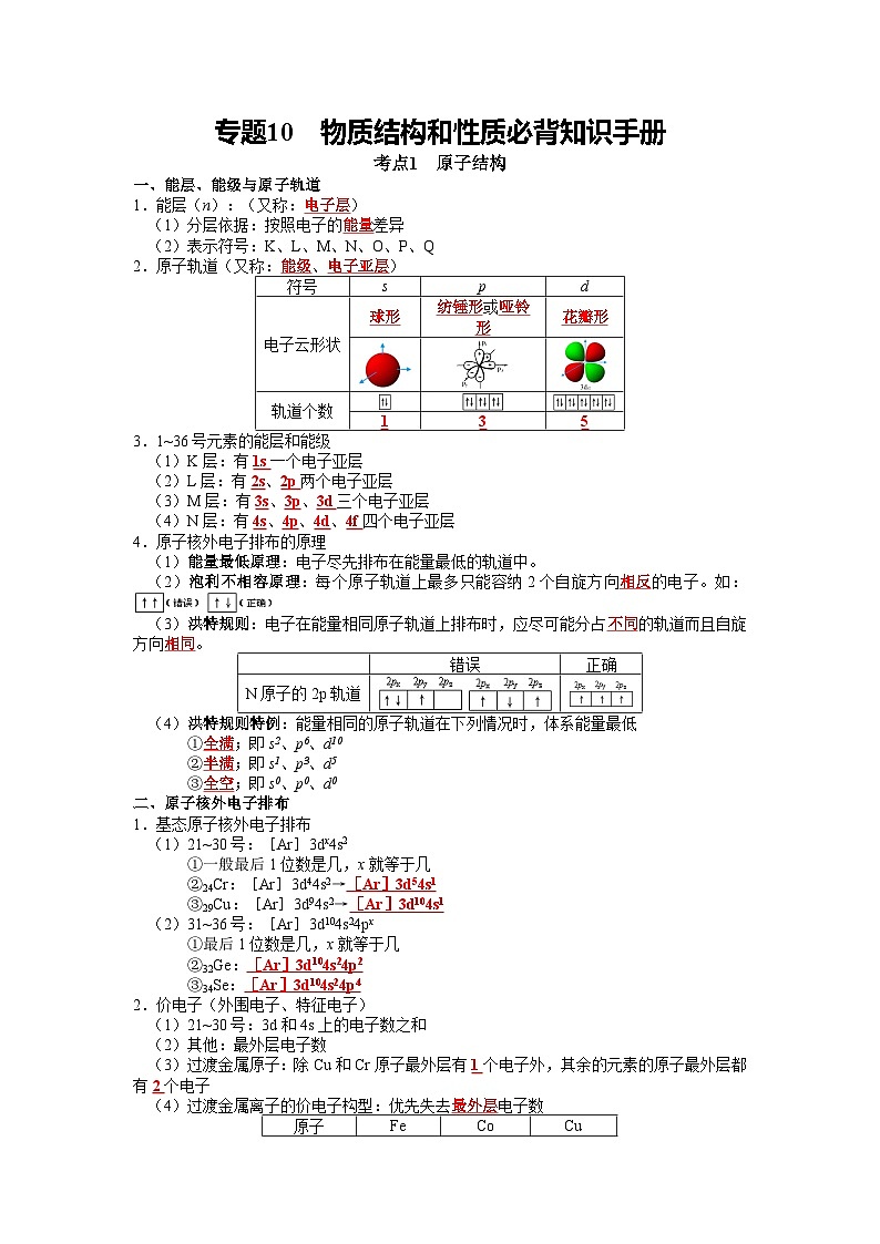 化学必背知识手册分类专题10 物质结构和性质【高考化学必背知识手册】1第1页