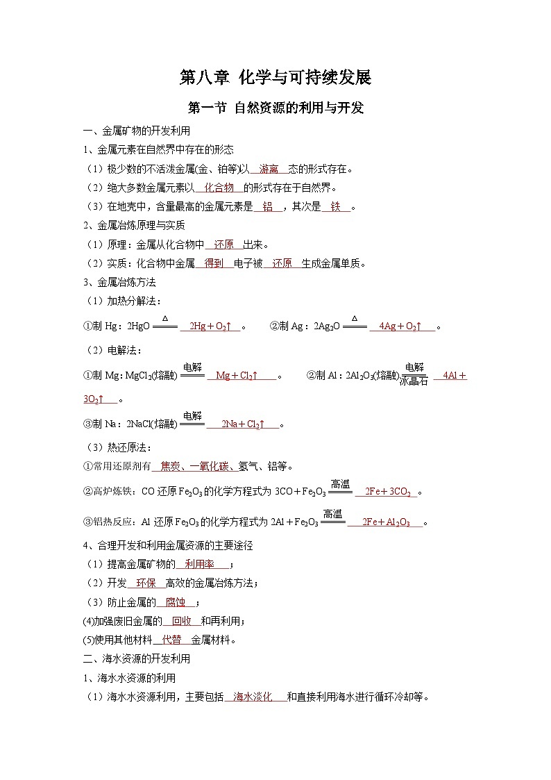 化学必背知识手册分类第八章 化学与可持续发展【知识手册】(人教版必修第二册)(教师版)2第1页