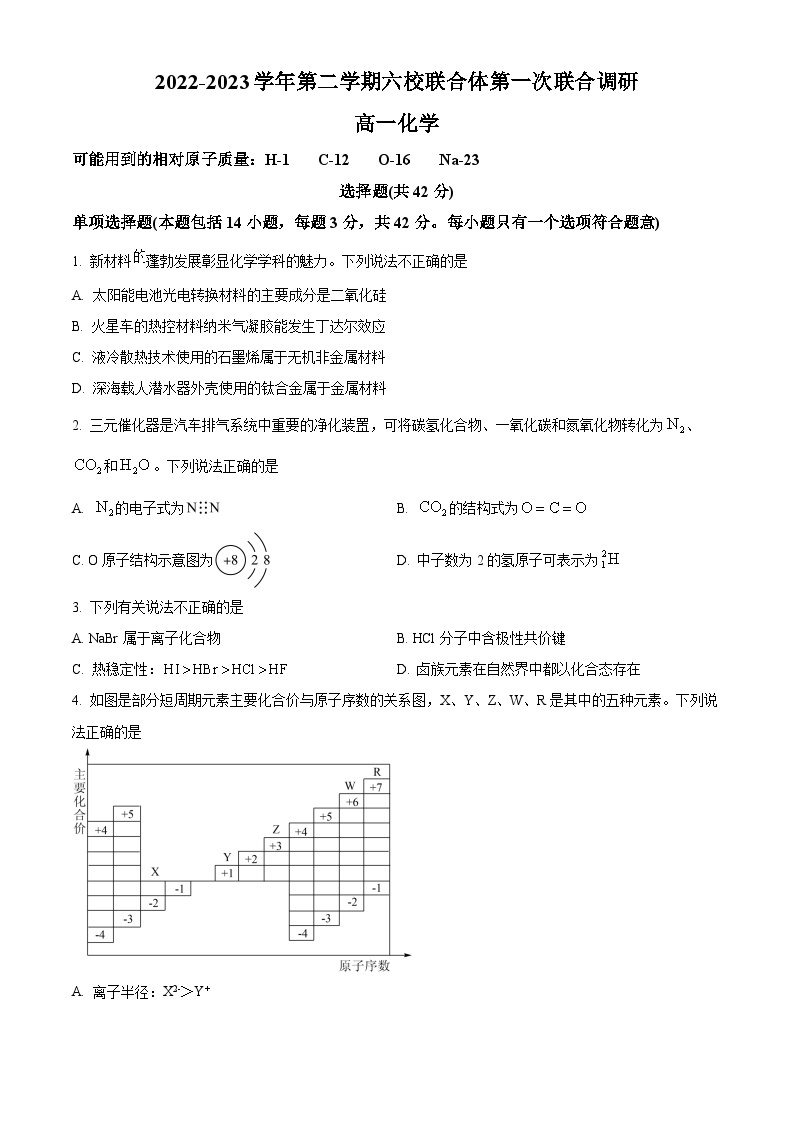 2022-2023学年江苏省南京市六校联合体高一下学期第一次联合调研（3月月考）化学试题01