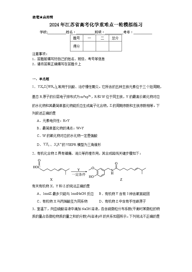 2024年江蘇省高考化學(xué)重難點(diǎn)一輪模擬練習(xí)第1頁