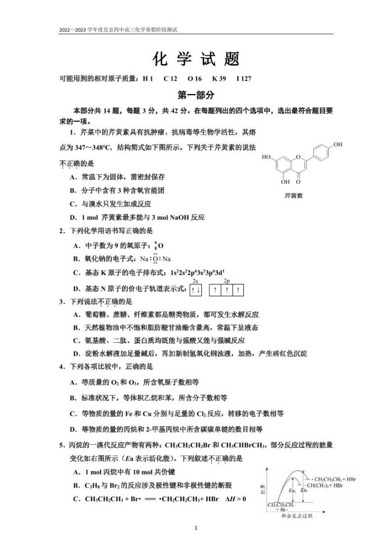 97，北京市第四中学2022-2023 学年高三寒假阶段测试化学试题01