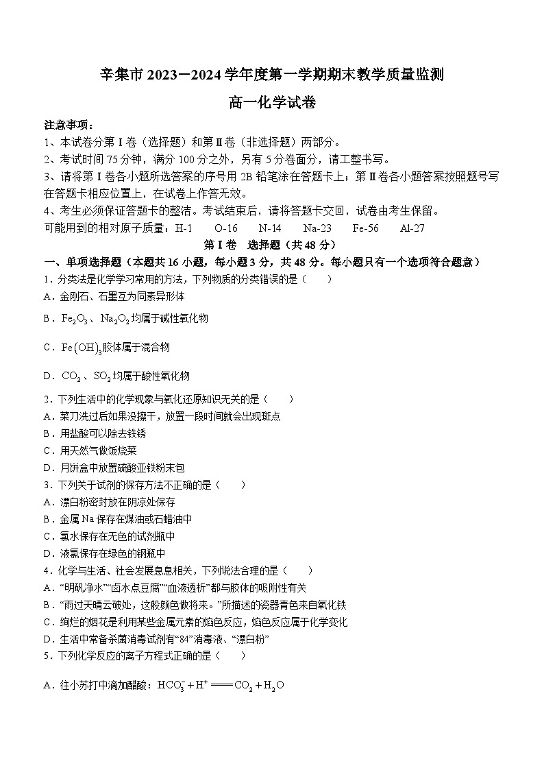 河北省石家庄市辛集市2023-2024学年高一上学期2月期末考试化学试题01
