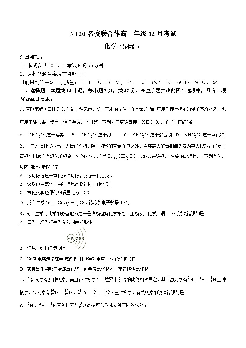 河北省邯郸市NT20名校联合体2023-2024学年高一上学期12月月考化学试题第1页