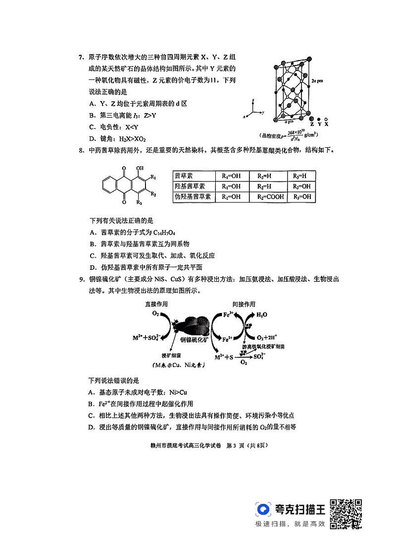 江西省赣州市2024届高三下学期年3月摸底考试化学试题第3页
