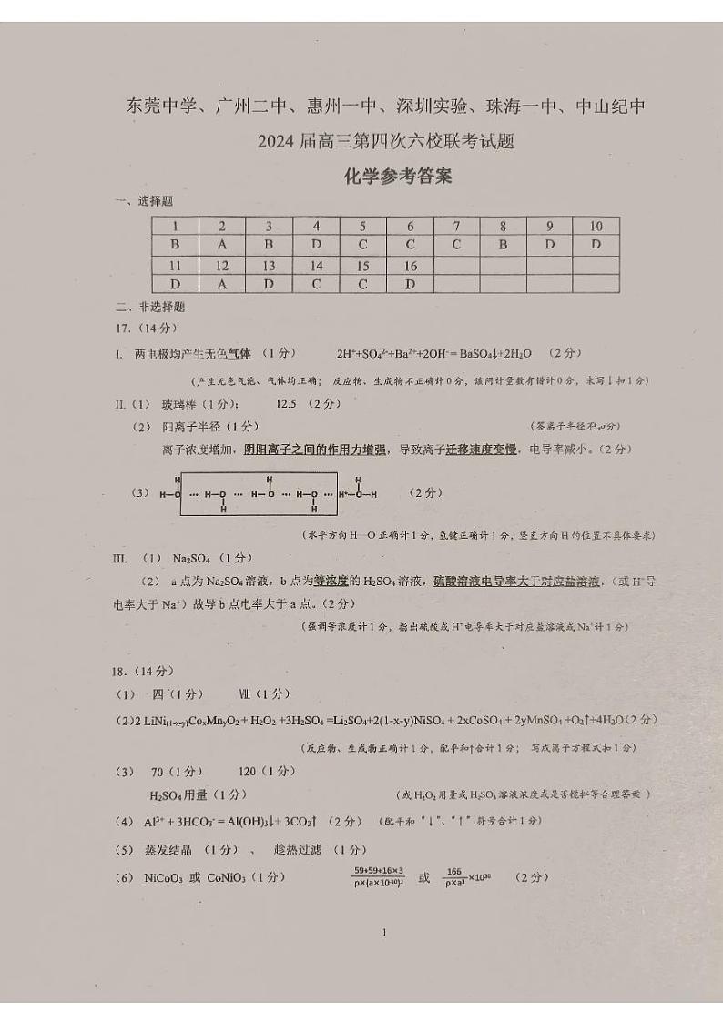 广东省东莞中学、广州二中、惠州一中、深圳实验、珠海一中、中山纪念中学2024届高三第四次六校联考 化学答案第1页