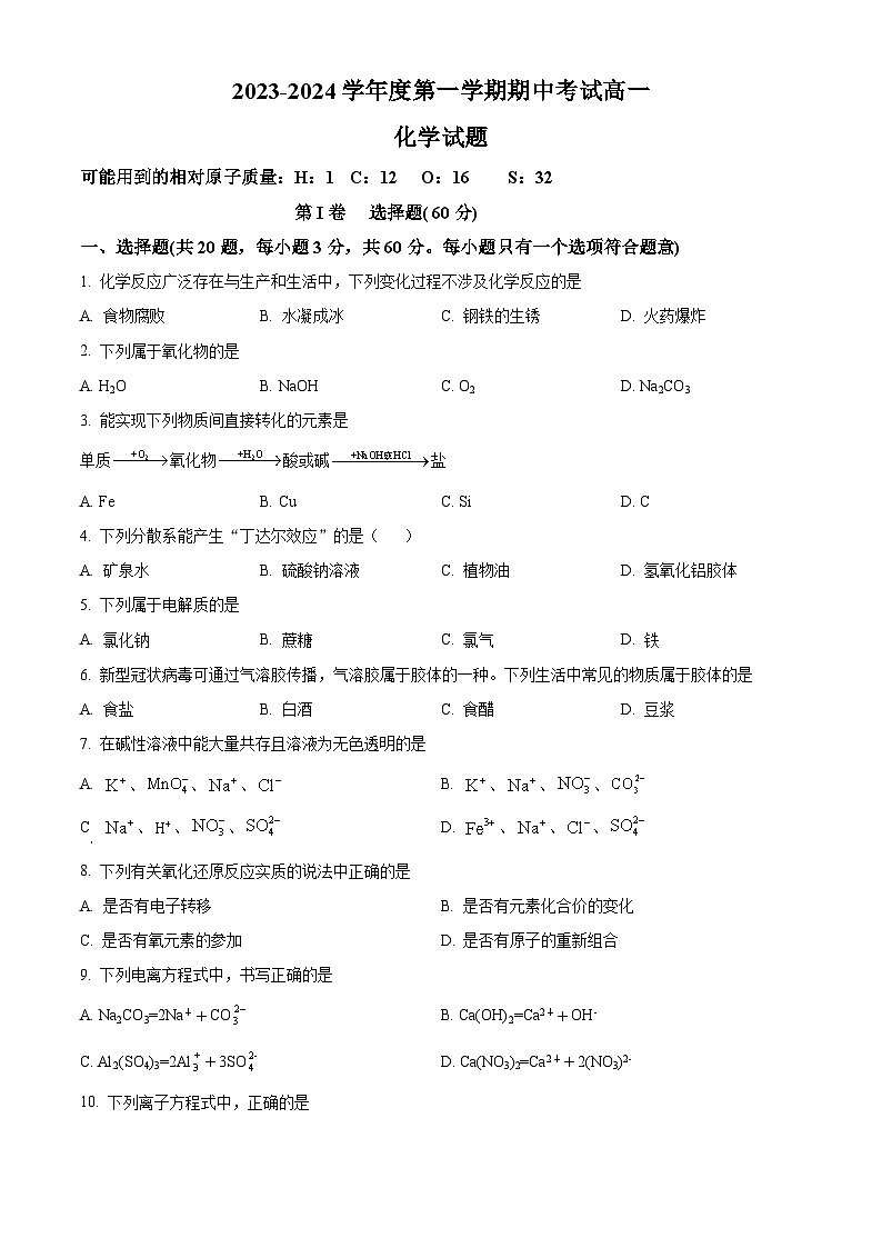 精品解析:陕西省汉中市城固县第二中学2023-2024学年高一上学期11月期中考试化学试题(原卷版)第1页