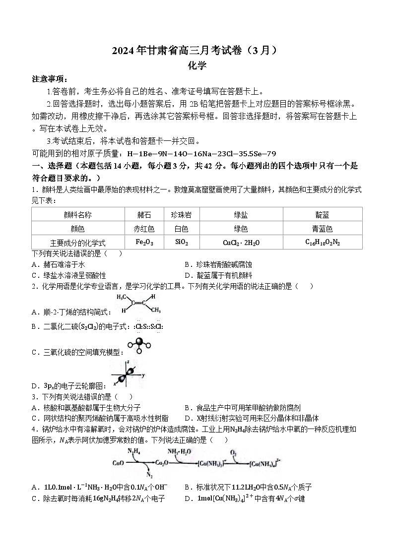2024届甘肃省高三一模化学试题第1页