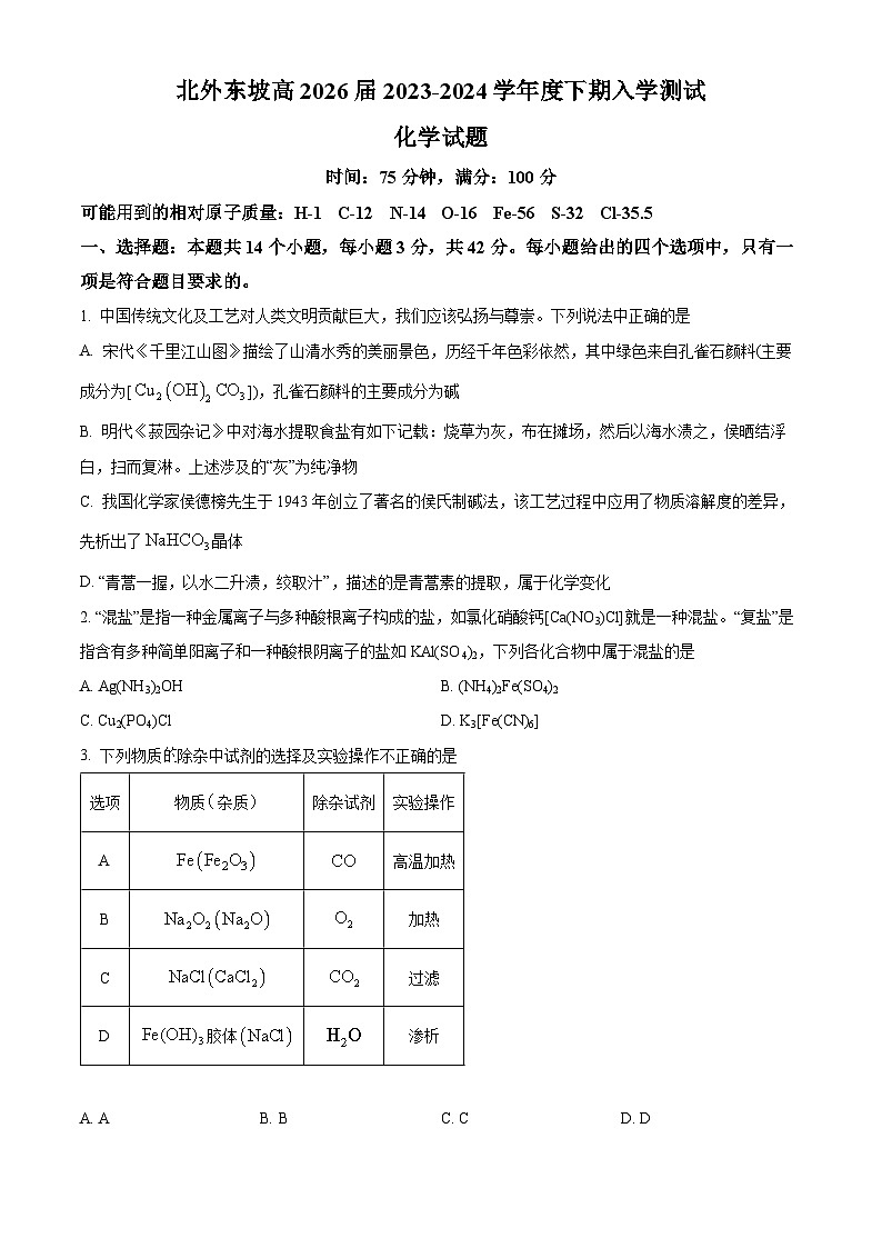 四川省眉山北外附属东坡外国语学校2023-2024学年高一下学期开学化学试题(原卷版+解析版)01