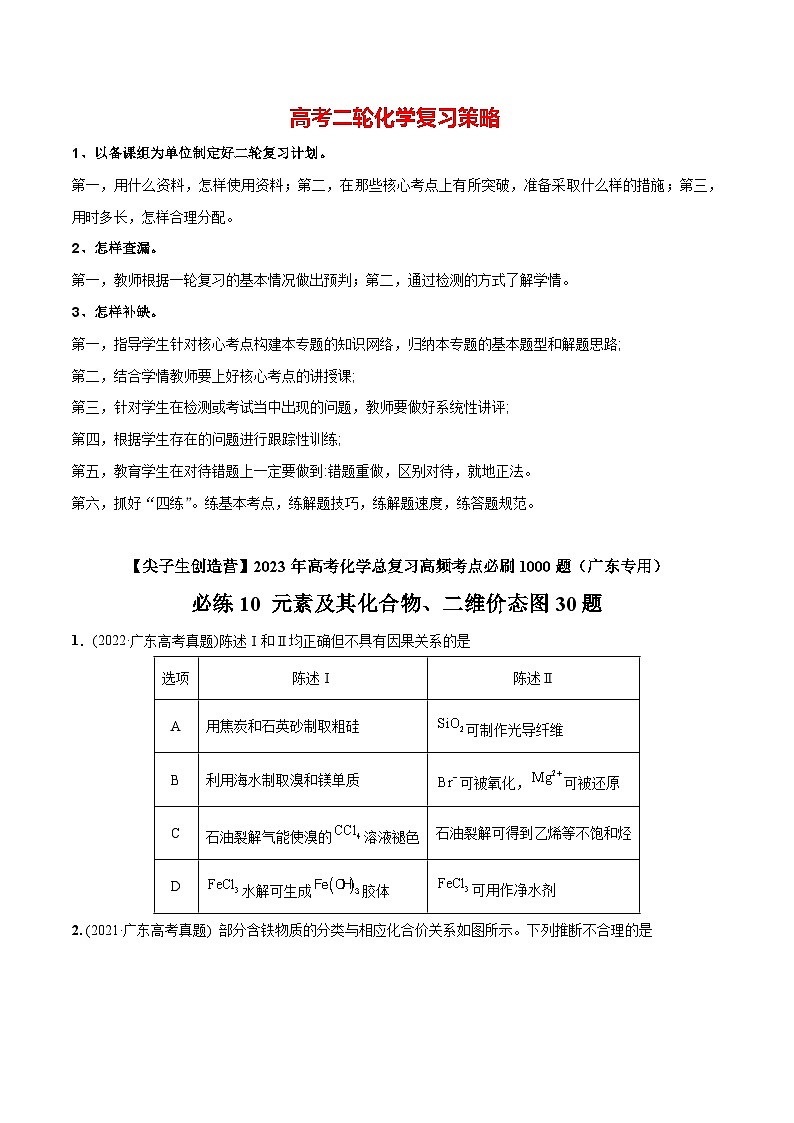 最新高考化学总复习高频考点必刷1000题 必练10 元素及其化合物、二维价态图30题(广东专用)01