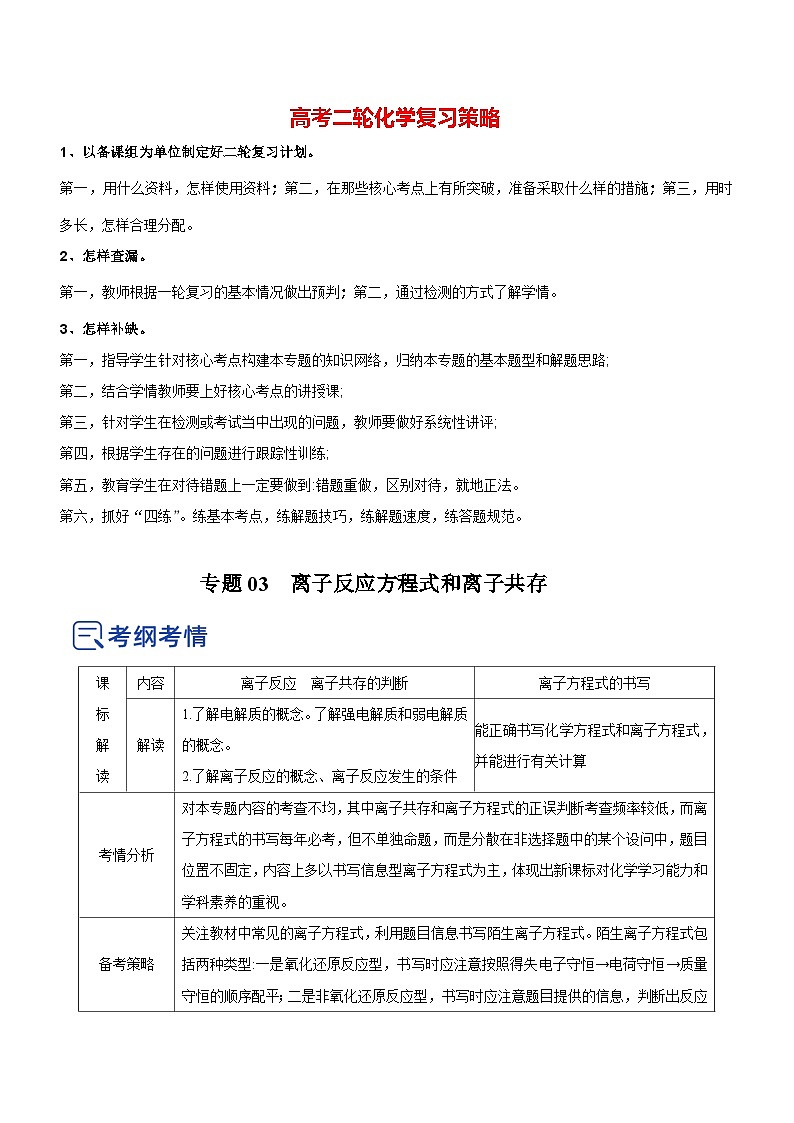 最新高考化学二轮复习讲练测 专题03 离子反应方程式和离子共存(讲)01