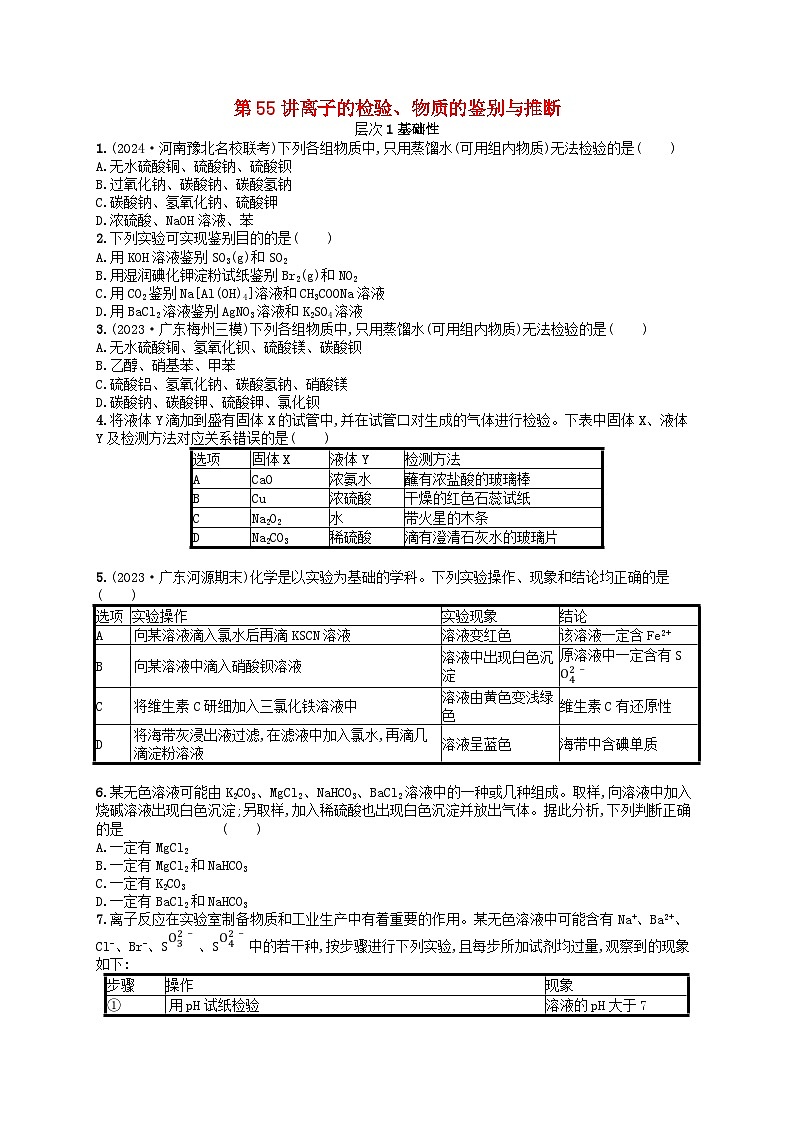 备战2025届新高考化学一轮总复习分层练习第10章化学实验基础和综合探究第55讲离子的检验物质的鉴别与推断(附解析)第1页